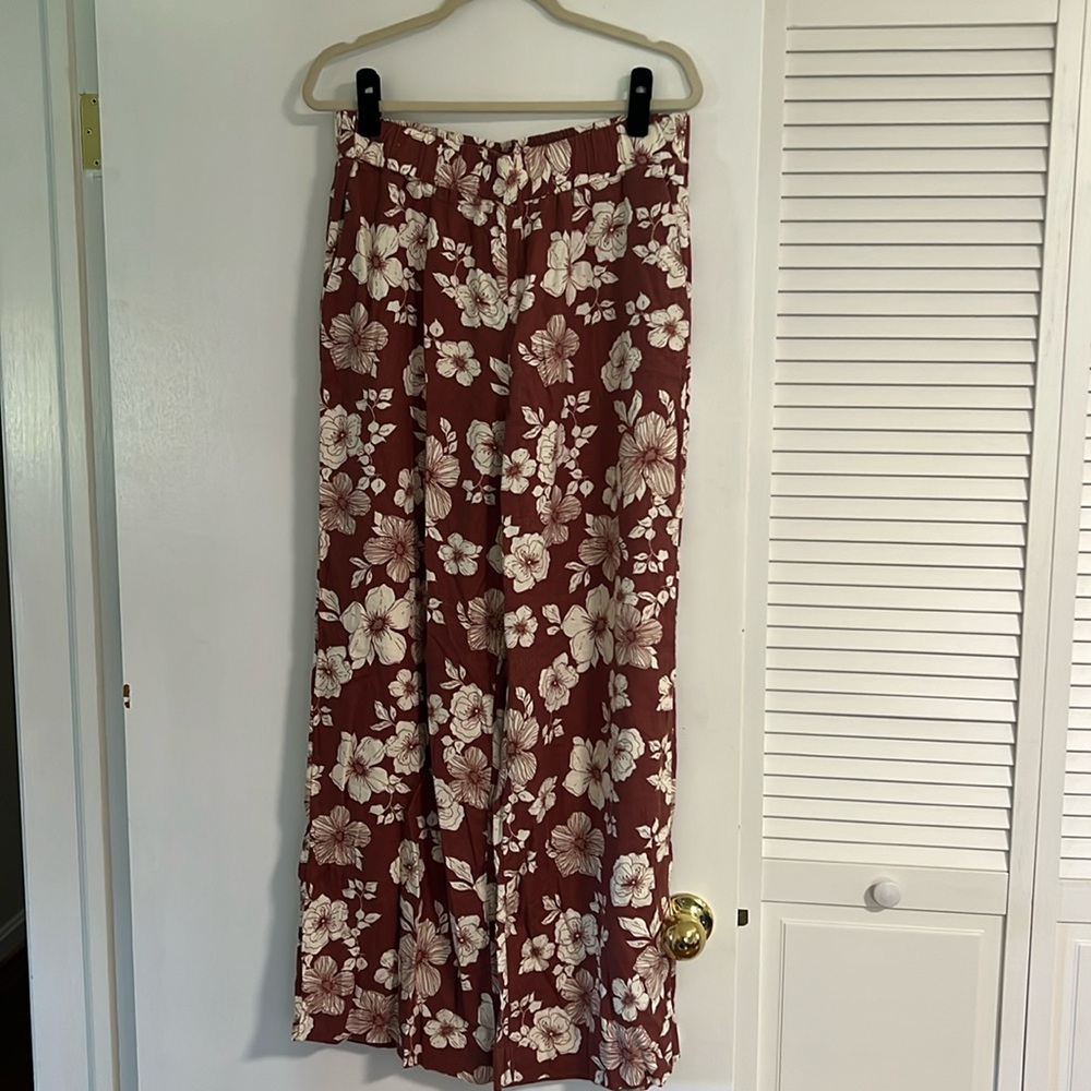 NWT Brown Floral Linen Wide Leg Abercrombie Pants Size Large